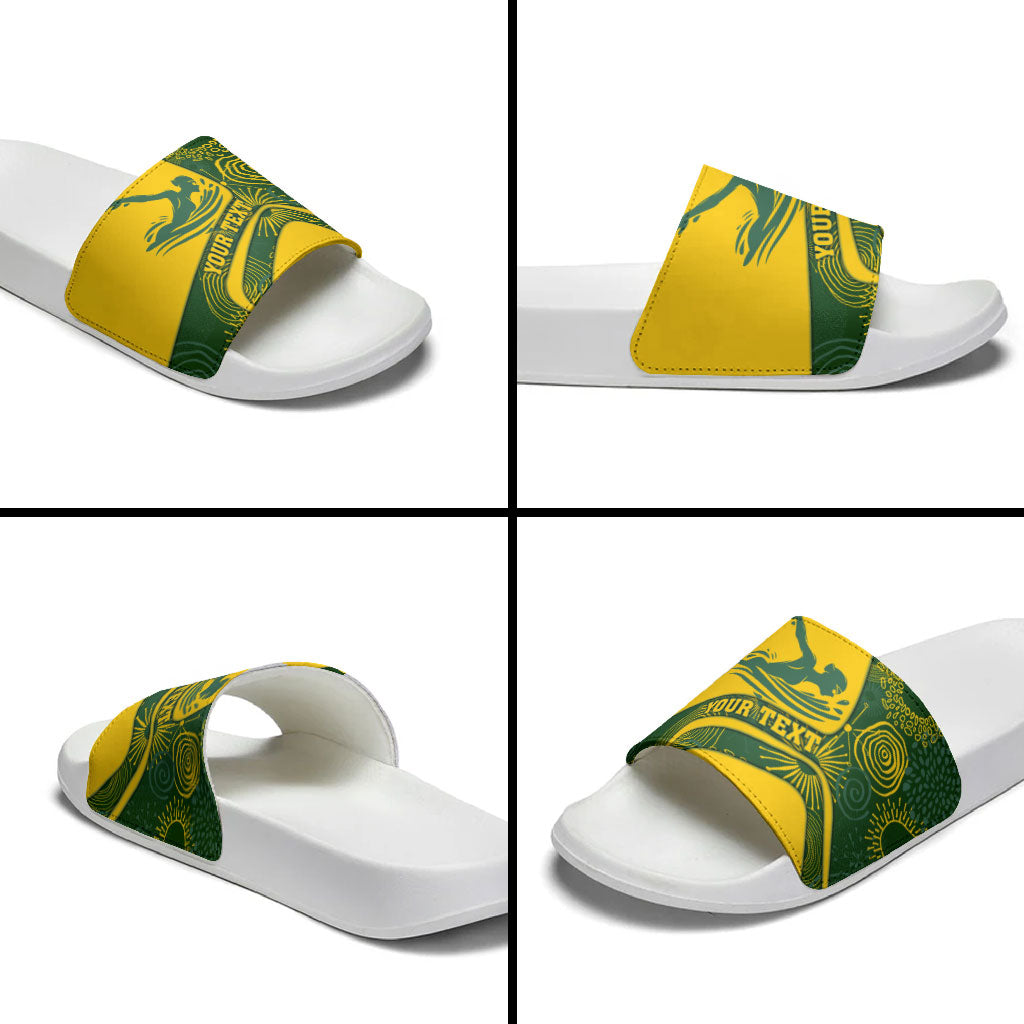 Personalized Australia Swimming Athlete Slide Sandals Bold Swimmer Silhouette With Indigenous Pattern Accents