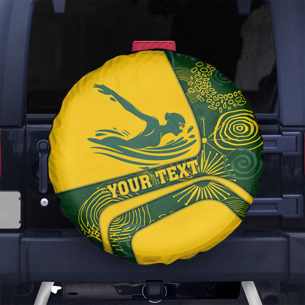 Personalized Australia Swimming Athlete Spare Tire Cover Bold Swimmer Silhouette With Indigenous Pattern Accents