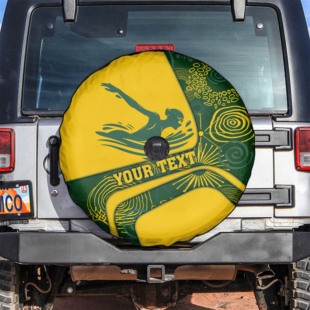 Personalized Australia Swimming Athlete Spare Tire Cover Bold Swimmer Silhouette With Indigenous Pattern Accents
