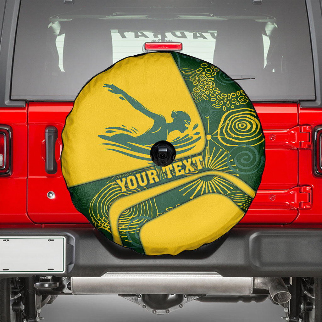 Personalized Australia Swimming Athlete Spare Tire Cover Bold Swimmer Silhouette With Indigenous Pattern Accents