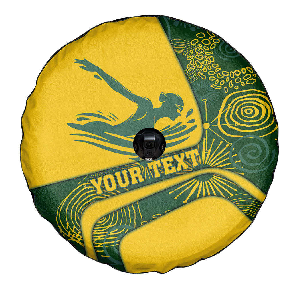 Personalized Australia Swimming Athlete Spare Tire Cover Bold Swimmer Silhouette With Indigenous Pattern Accents
