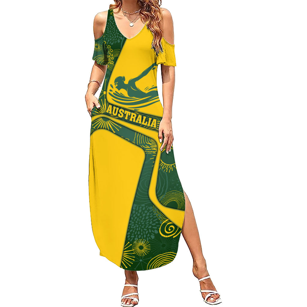 Personalized Australia Swimming Athlete Summer Maxi Dress Bold Swimmer Silhouette With Indigenous Pattern Accents