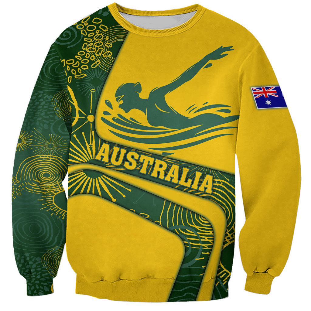Personalized Australia Swimming Athlete Sweatshirt Bold Swimmer Silhouette With Indigenous Pattern Accents
