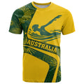 Personalized Australia Swimming Athlete T Shirt Bold Swimmer Silhouette With Indigenous Pattern Accents