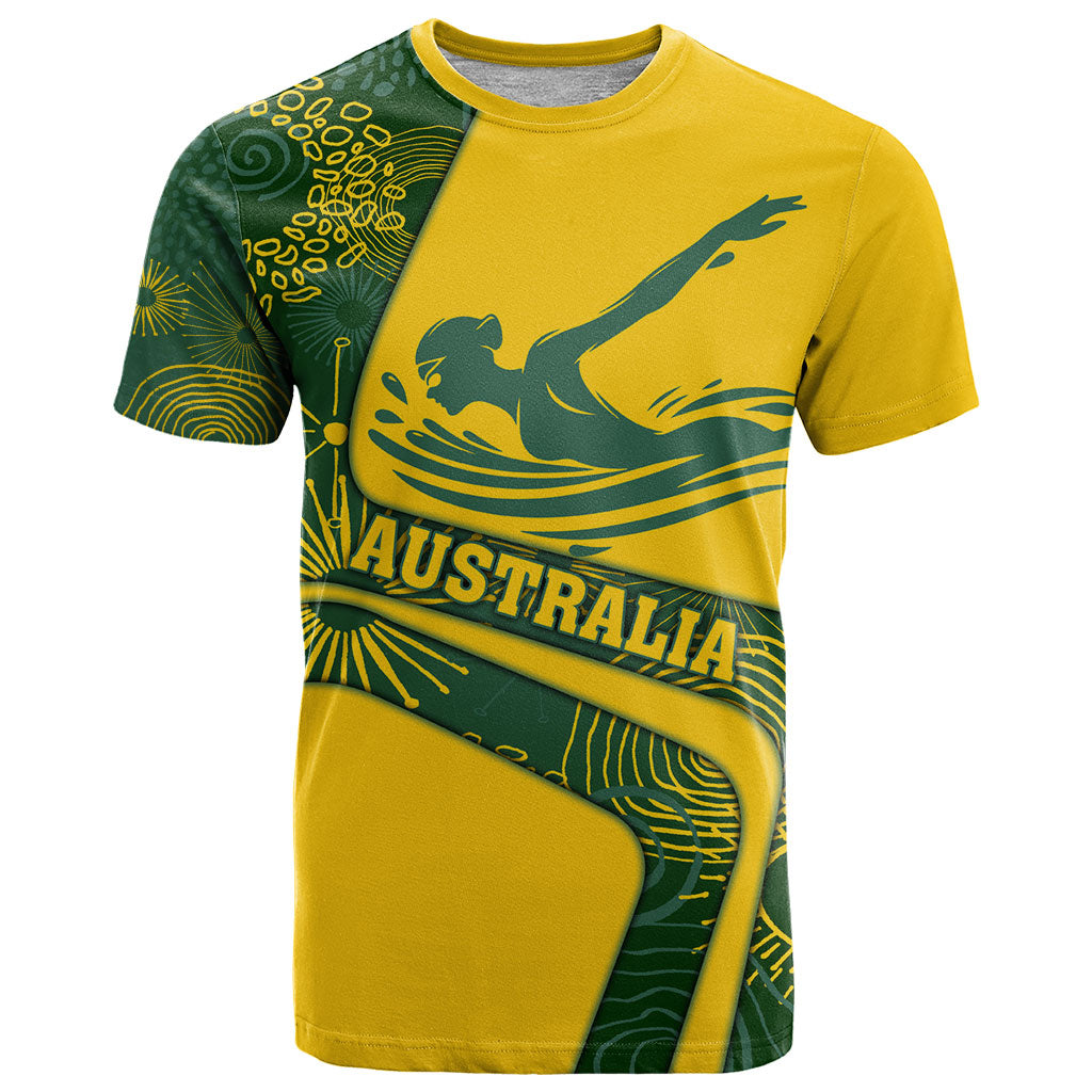 Personalized Australia Swimming Athlete T Shirt Bold Swimmer Silhouette With Indigenous Pattern Accents