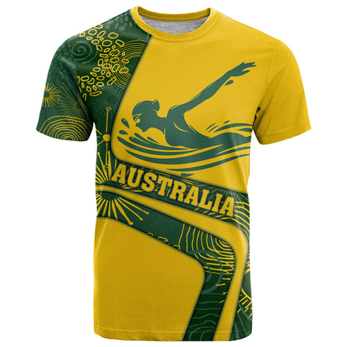 Personalized Australia Swimming Athlete T Shirt Bold Swimmer Silhouette With Indigenous Pattern Accents