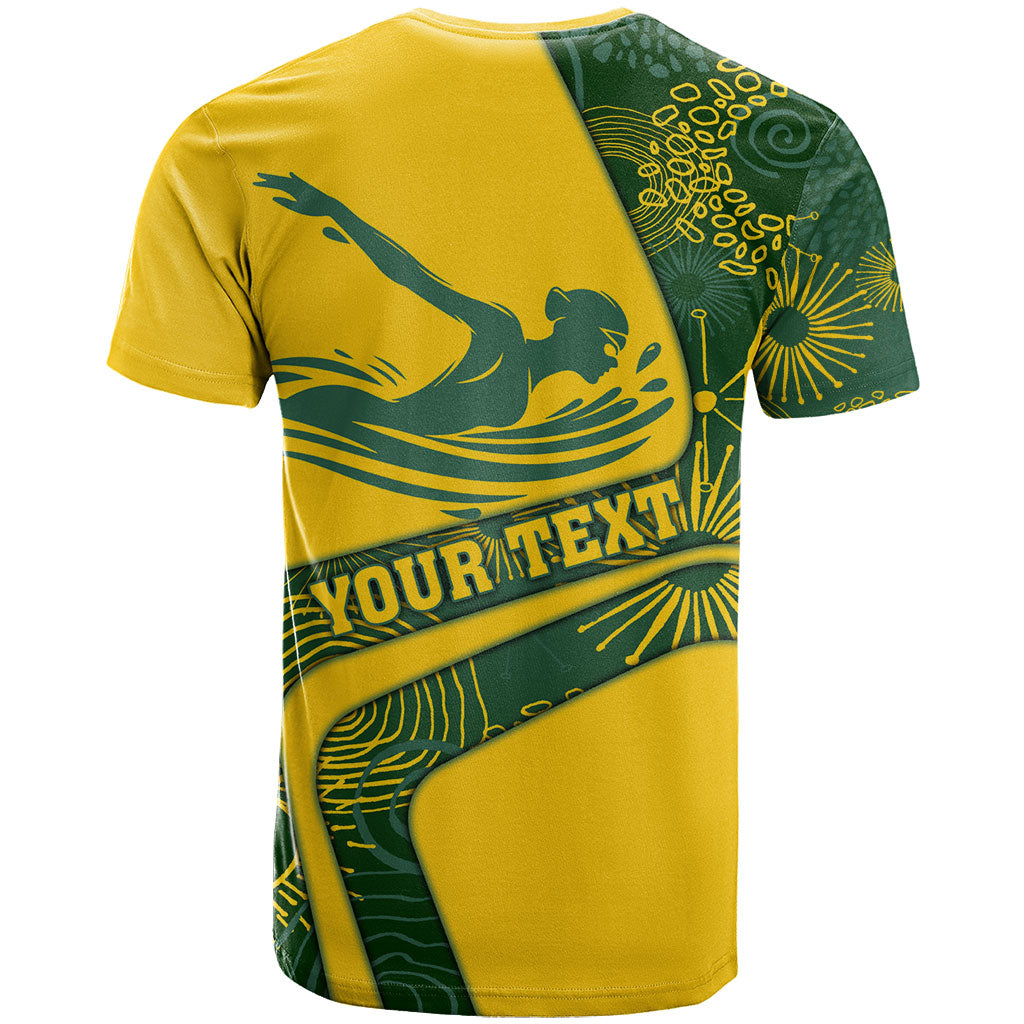 Personalized Australia Swimming Athlete T Shirt Bold Swimmer Silhouette With Indigenous Pattern Accents