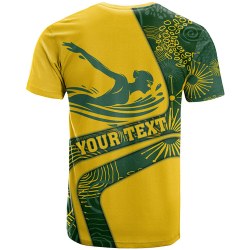 Personalized Australia Swimming Athlete T Shirt Bold Swimmer Silhouette With Indigenous Pattern Accents