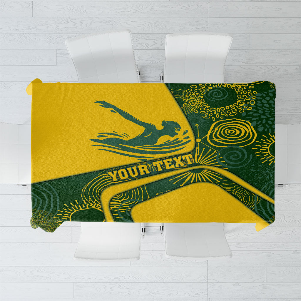 Personalized Australia Swimming Athlete Tablecloth Bold Swimmer Silhouette With Indigenous Pattern Accents