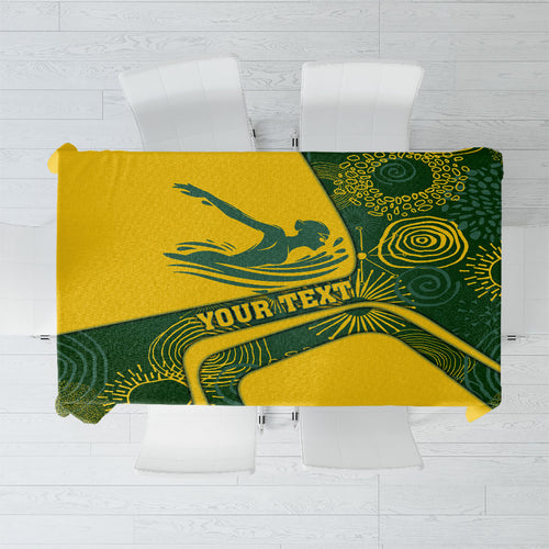 Personalized Australia Swimming Athlete Tablecloth Bold Swimmer Silhouette With Indigenous Pattern Accents