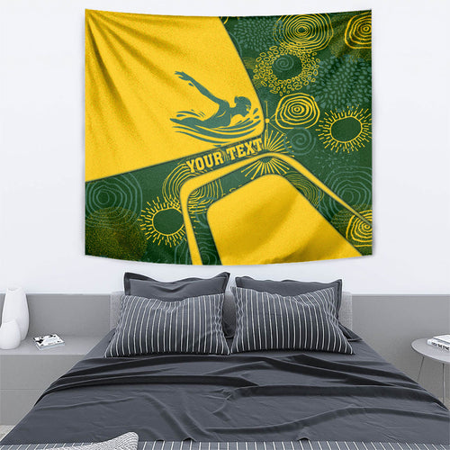 Personalized Australia Swimming Athlete Tapestry Bold Swimmer Silhouette With Indigenous Pattern Accents