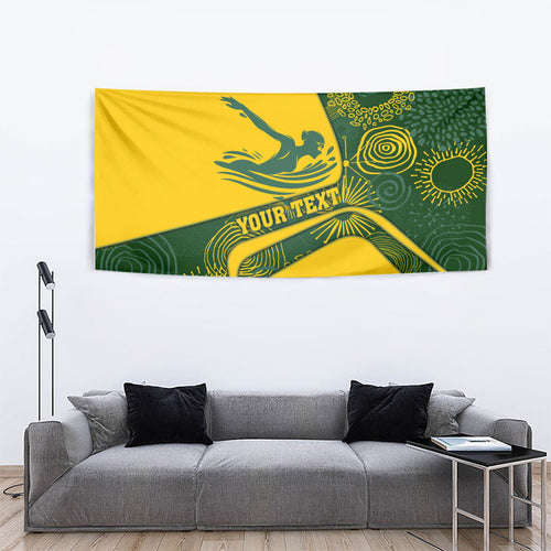 Personalized Australia Swimming Athlete Tapestry Bold Swimmer Silhouette With Indigenous Pattern Accents