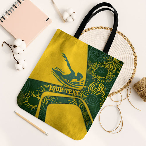 Personalized Australia Swimming Athlete Tote Bag Bold Swimmer Silhouette With Indigenous Pattern Accents