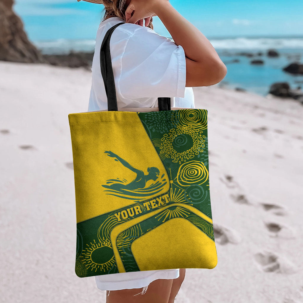 Personalized Australia Swimming Athlete Tote Bag Bold Swimmer Silhouette With Indigenous Pattern Accents