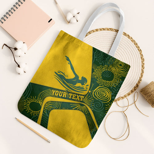 Personalized Australia Swimming Athlete Tote Bag Bold Swimmer Silhouette With Indigenous Pattern Accents