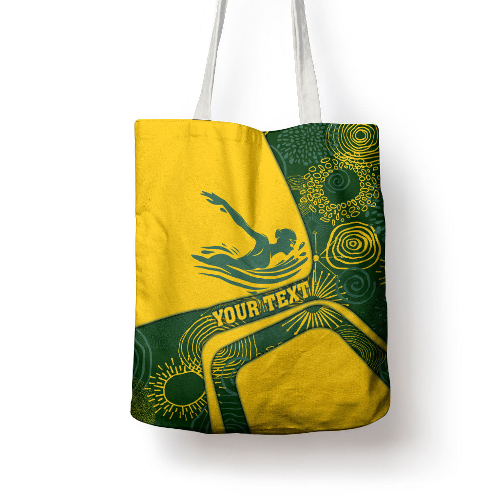 Personalized Australia Swimming Athlete Tote Bag Bold Swimmer Silhouette With Indigenous Pattern Accents