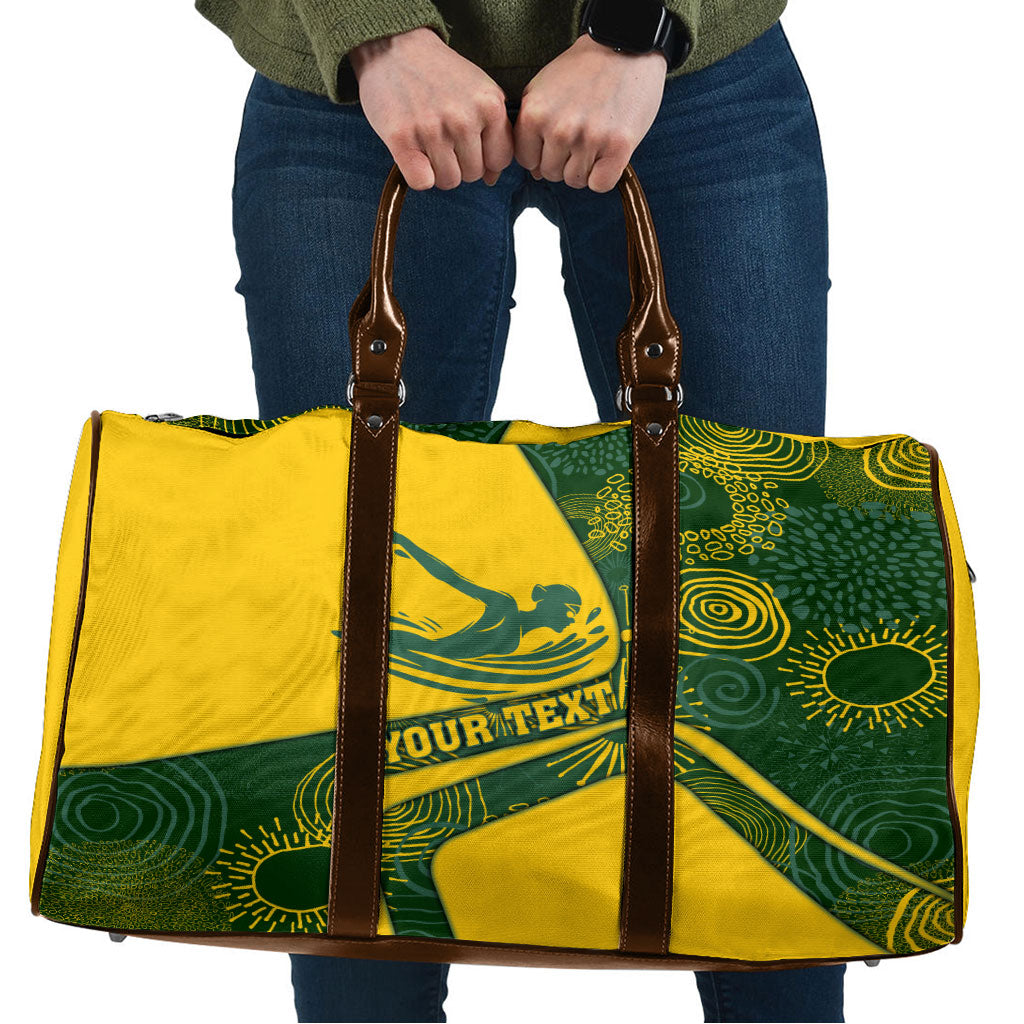 Personalized Australia Swimming Athlete Travel Bag Bold Swimmer Silhouette With Indigenous Pattern Accents