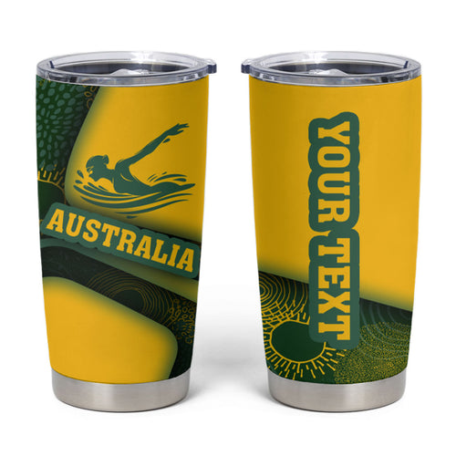 Personalized Australia Swimming Athlete Tumbler Cup Bold Swimmer Silhouette With Indigenous Pattern Accents