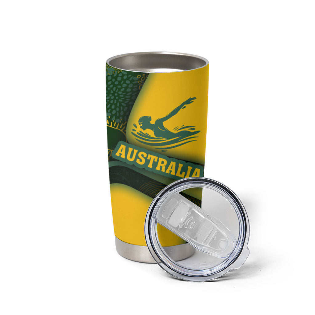 Personalized Australia Swimming Athlete Tumbler Cup Bold Swimmer Silhouette With Indigenous Pattern Accents