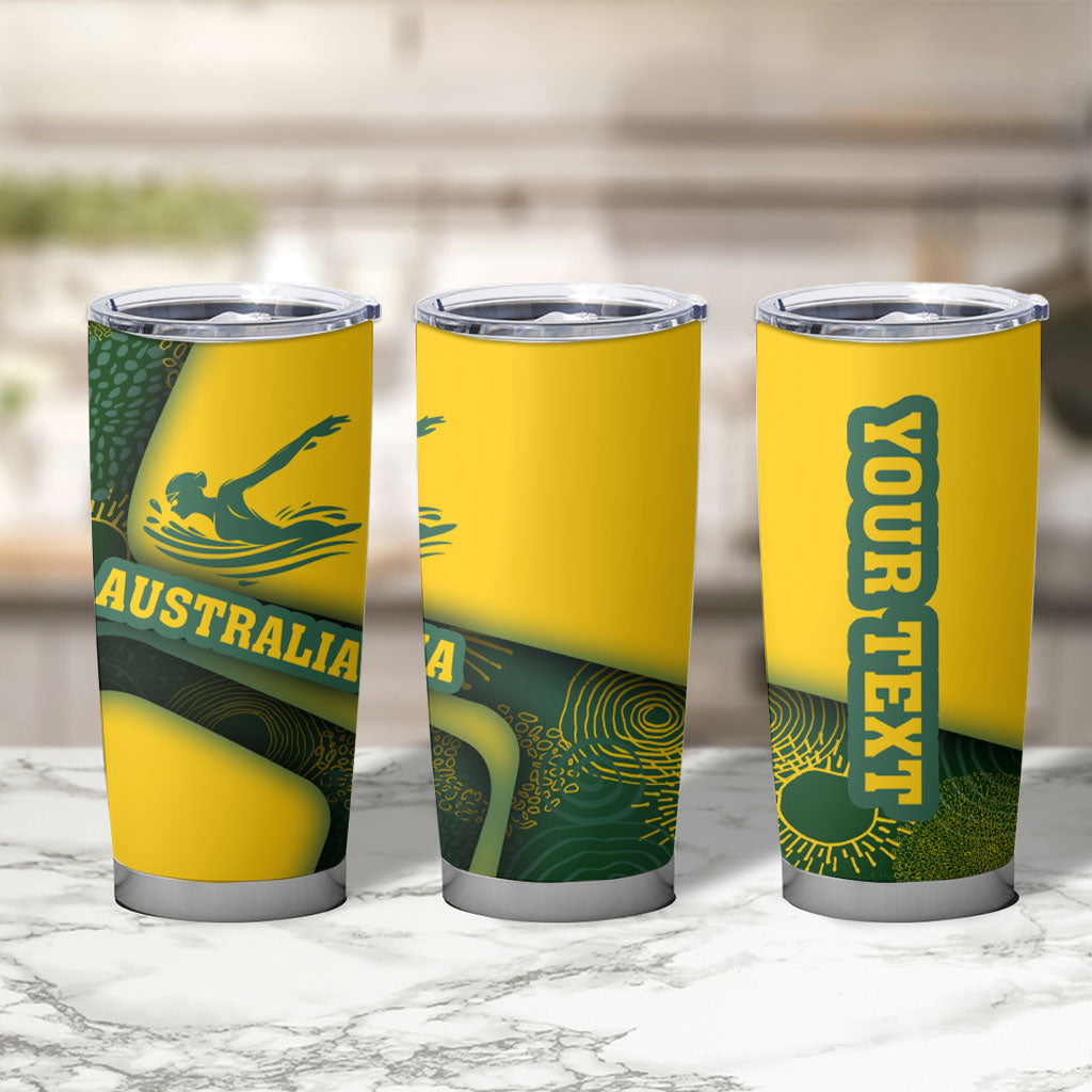 Personalized Australia Swimming Athlete Tumbler Cup Bold Swimmer Silhouette With Indigenous Pattern Accents