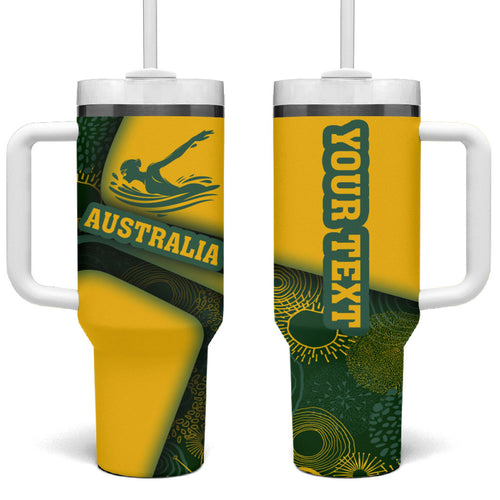 Personalized Australia Swimming Athlete Tumbler With Handle Bold Swimmer Silhouette With Indigenous Pattern Accents