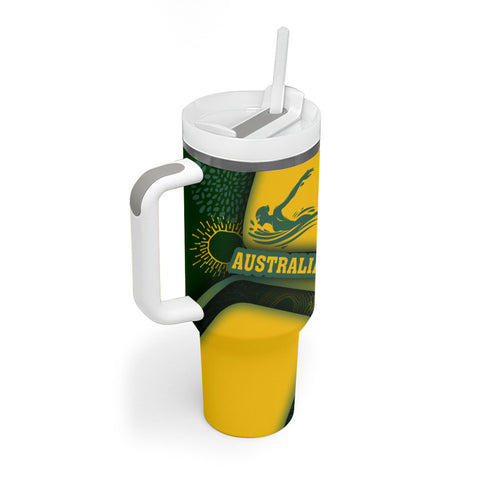 Personalized Australia Swimming Athlete Tumbler With Handle Bold Swimmer Silhouette With Indigenous Pattern Accents