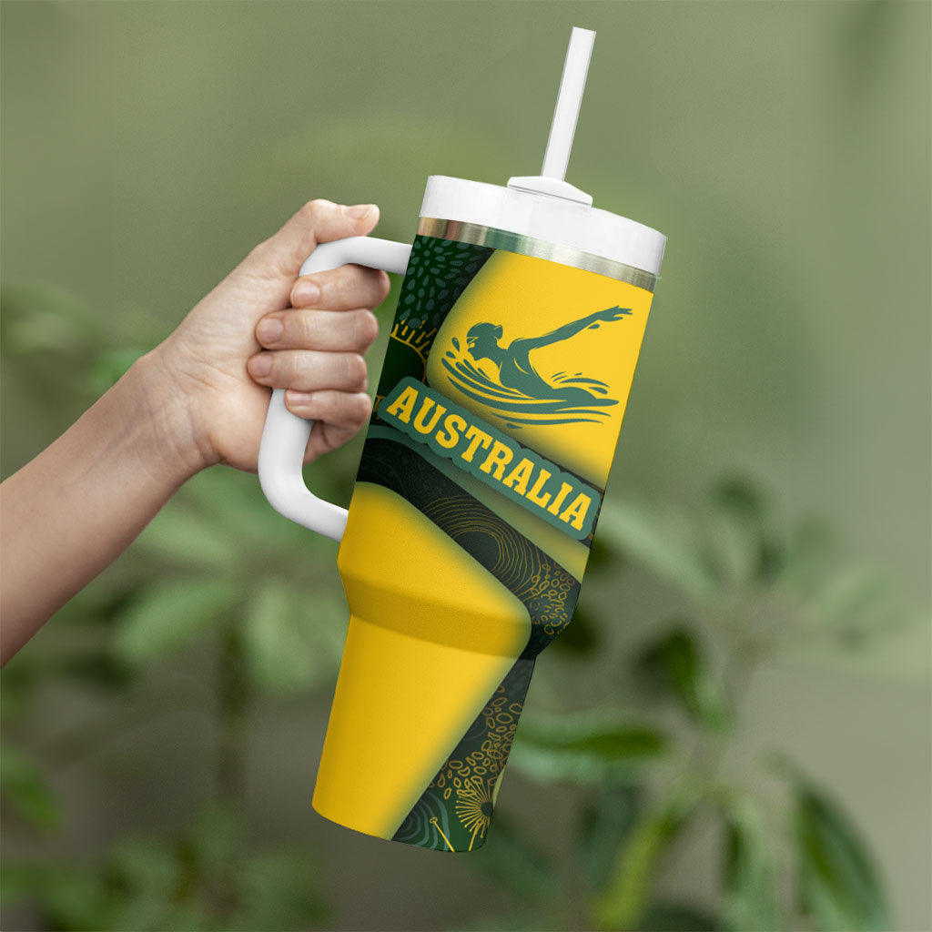 Personalized Australia Swimming Athlete Tumbler With Handle Bold Swimmer Silhouette With Indigenous Pattern Accents