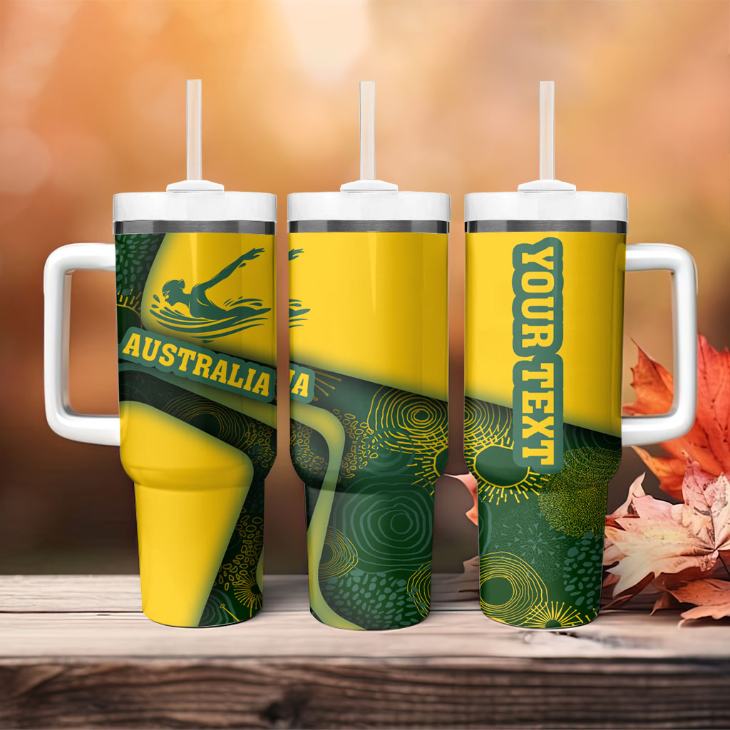 Personalized Australia Swimming Athlete Tumbler With Handle Bold Swimmer Silhouette With Indigenous Pattern Accents