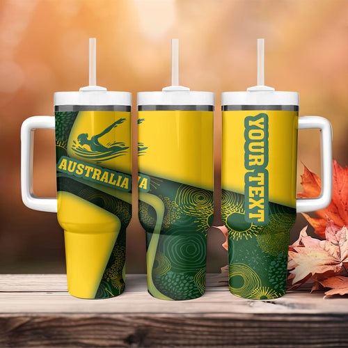 Personalized Australia Swimming Athlete Tumbler With Handle Bold Swimmer Silhouette With Indigenous Pattern Accents