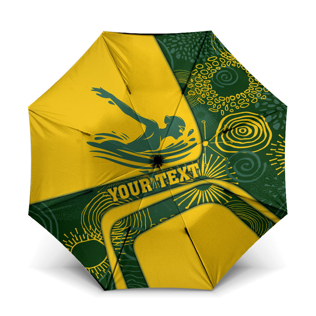 Personalized Australia Swimming Athlete Umbrella Bold Swimmer Silhouette With Indigenous Pattern Accents