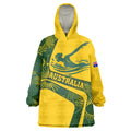 Personalized Australia Swimming Athlete Wearable Blanket Hoodie Bold Swimmer Silhouette With Indigenous Pattern Accents