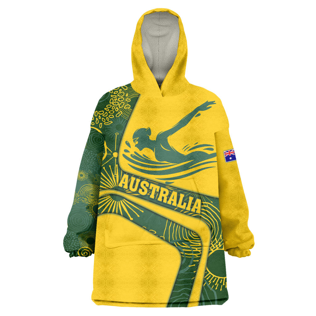 Personalized Australia Swimming Athlete Wearable Blanket Hoodie Bold Swimmer Silhouette With Indigenous Pattern Accents