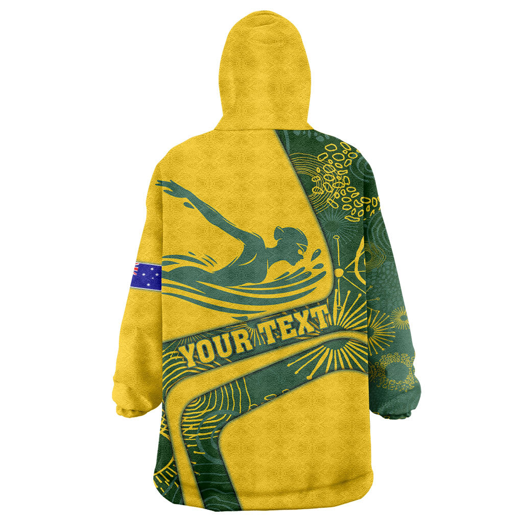 Personalized Australia Swimming Athlete Wearable Blanket Hoodie Bold Swimmer Silhouette With Indigenous Pattern Accents