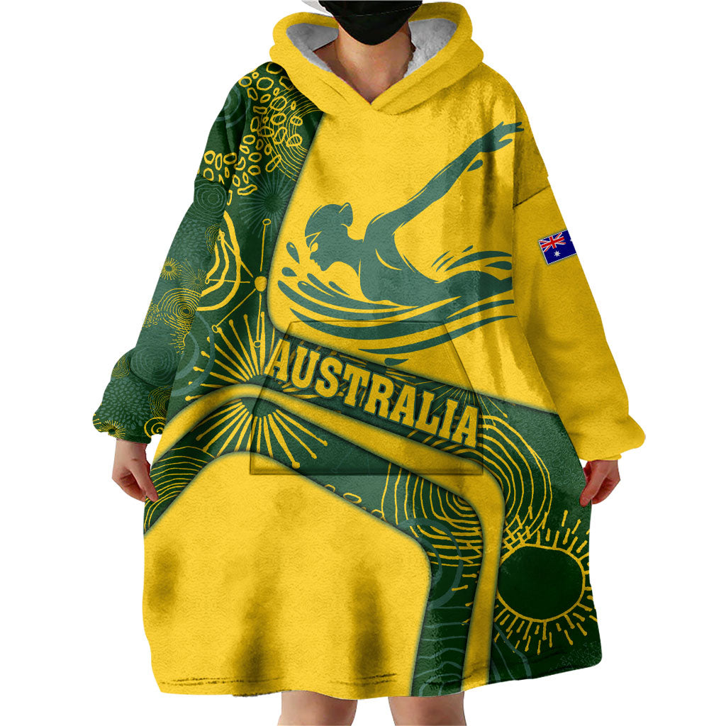 Personalized Australia Swimming Athlete Wearable Blanket Hoodie Bold Swimmer Silhouette With Indigenous Pattern Accents