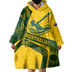 Personalized Australia Swimming Athlete Wearable Blanket Hoodie Bold Swimmer Silhouette With Indigenous Pattern Accents