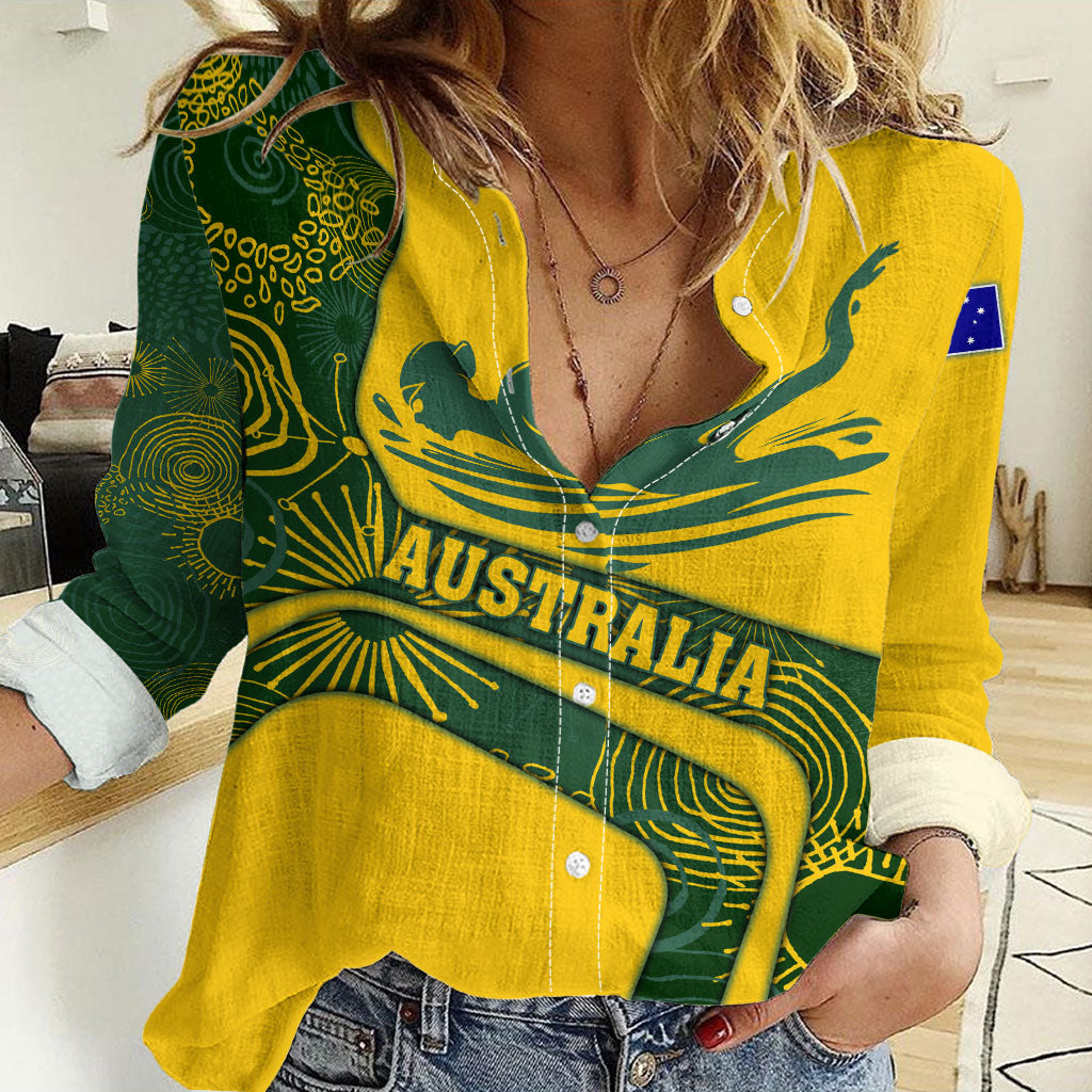 Personalized Australia Swimming Athlete Women Casual Shirt Bold Swimmer Silhouette With Indigenous Pattern Accents
