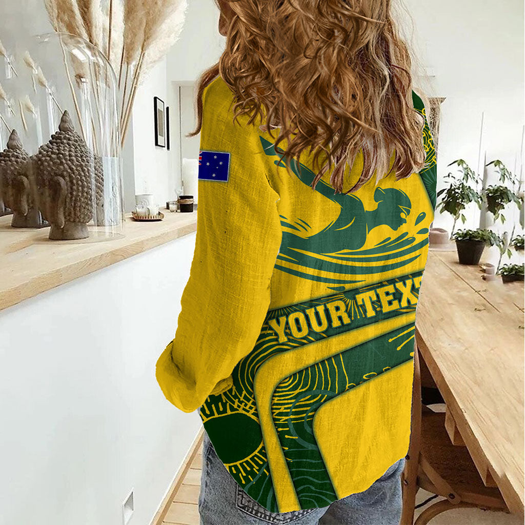 Personalized Australia Swimming Athlete Women Casual Shirt Bold Swimmer Silhouette With Indigenous Pattern Accents