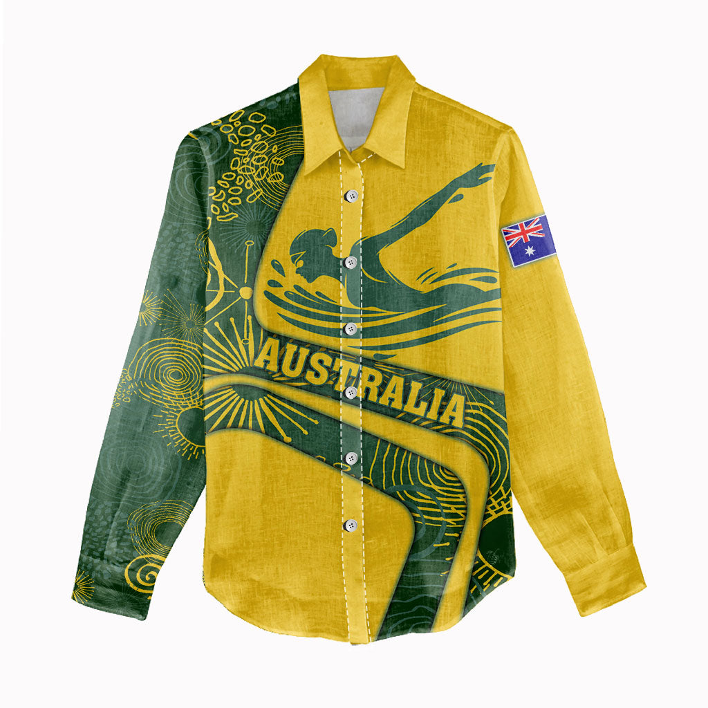 Personalized Australia Swimming Athlete Women Casual Shirt Bold Swimmer Silhouette With Indigenous Pattern Accents