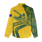 Personalized Australia Swimming Athlete Women Casual Shirt Bold Swimmer Silhouette With Indigenous Pattern Accents