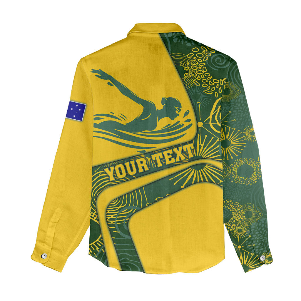 Personalized Australia Swimming Athlete Women Casual Shirt Bold Swimmer Silhouette With Indigenous Pattern Accents