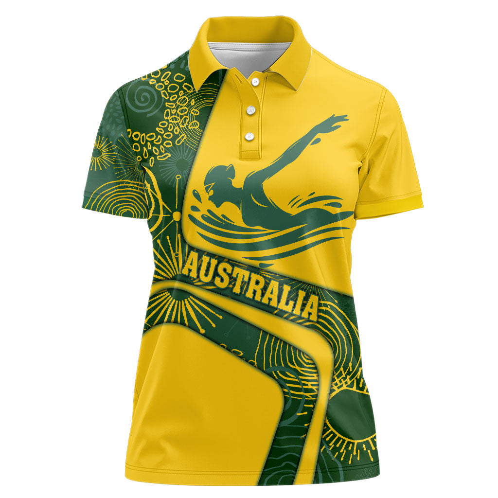 Personalized Australia Swimming Athlete Women Polo Shirt Bold Swimmer Silhouette With Indigenous Pattern Accents