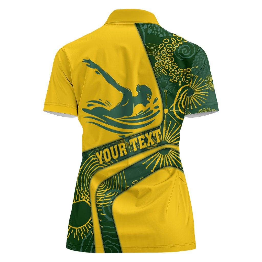 Personalized Australia Swimming Athlete Women Polo Shirt Bold Swimmer Silhouette With Indigenous Pattern Accents