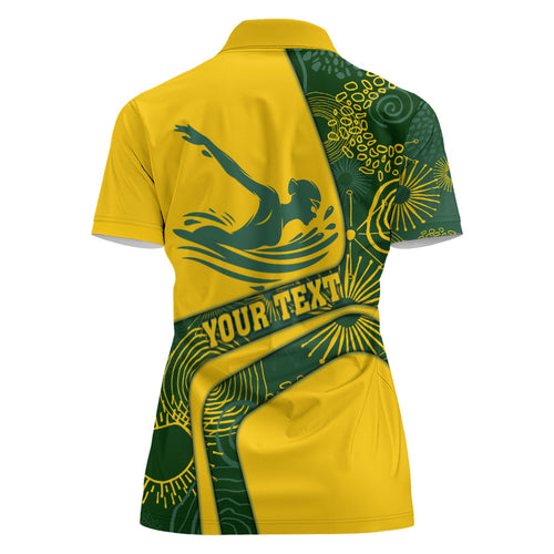 Personalized Australia Swimming Athlete Women Polo Shirt Bold Swimmer Silhouette With Indigenous Pattern Accents