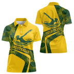 Personalized Australia Swimming Athlete Women Polo Shirt Bold Swimmer Silhouette With Indigenous Pattern Accents