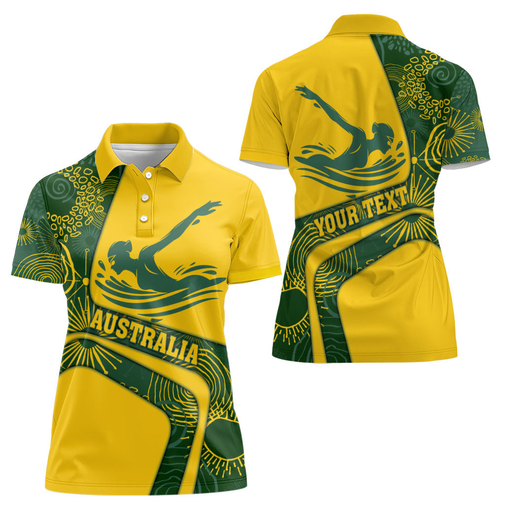 Personalized Australia Swimming Athlete Women Polo Shirt Bold Swimmer Silhouette With Indigenous Pattern Accents