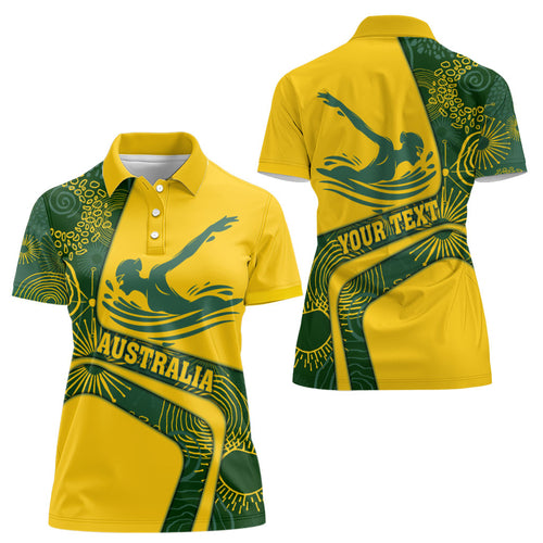 Personalized Australia Swimming Athlete Women Polo Shirt Bold Swimmer Silhouette With Indigenous Pattern Accents