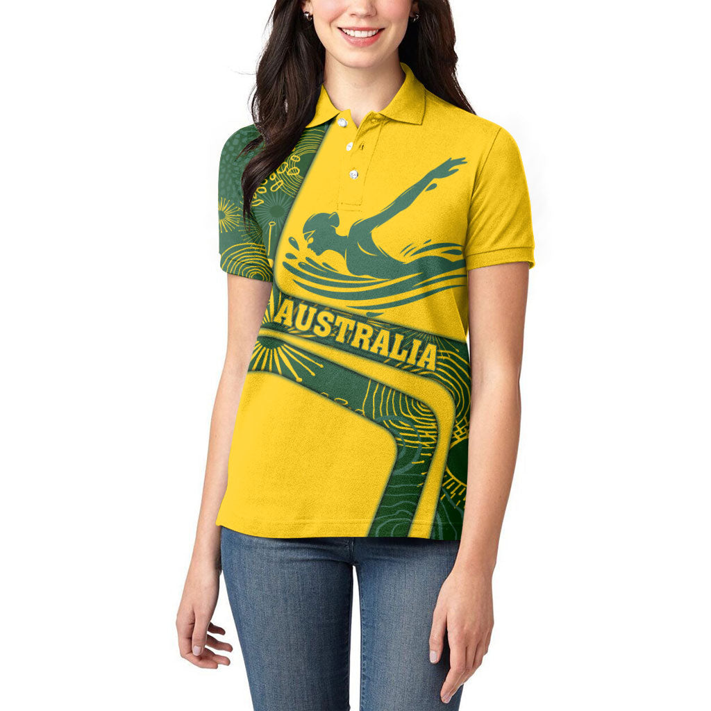 Personalized Australia Swimming Athlete Women Polo Shirt Bold Swimmer Silhouette With Indigenous Pattern Accents