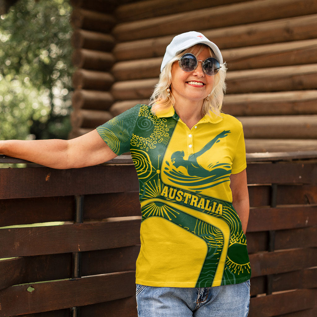 Personalized Australia Swimming Athlete Women Polo Shirt Bold Swimmer Silhouette With Indigenous Pattern Accents