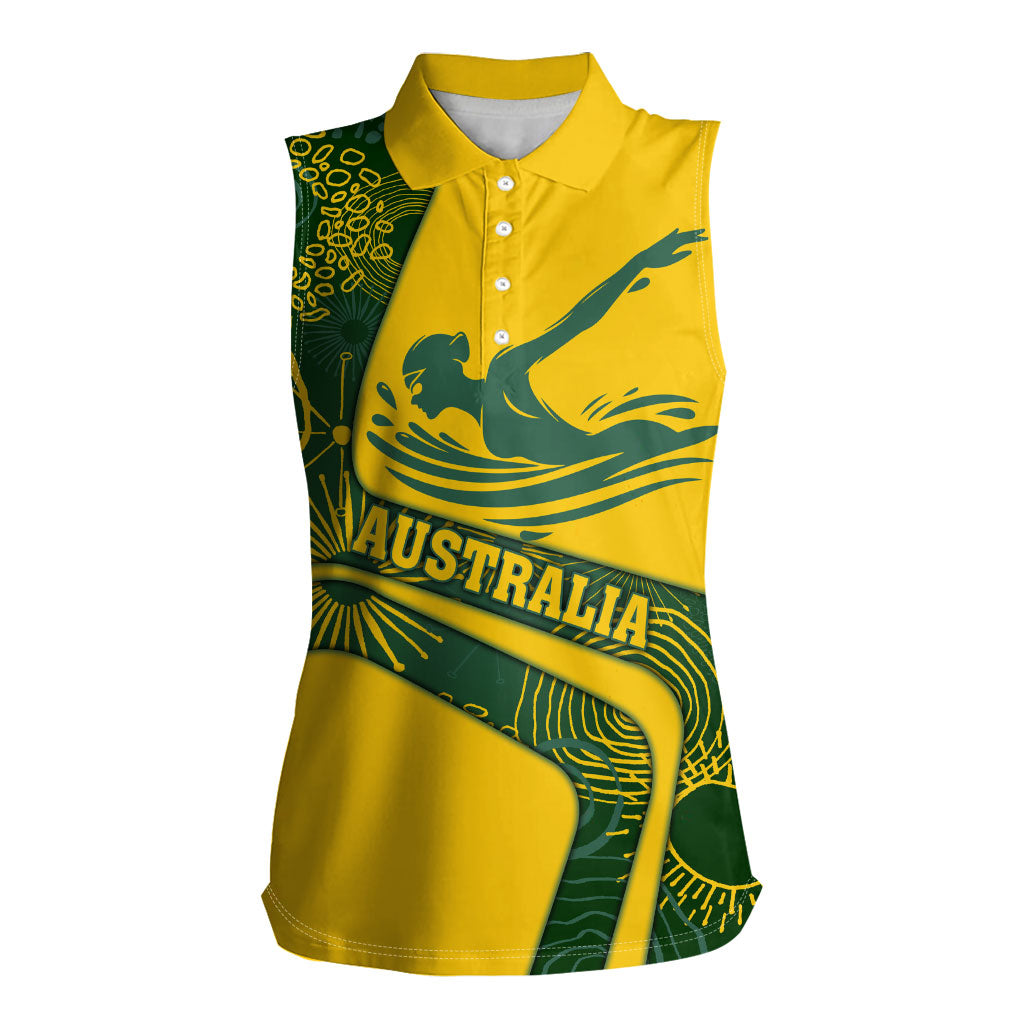 Personalized Australia Swimming Athlete Women Sleeveless Polo Shirt Bold Swimmer Silhouette With Indigenous Pattern Accents