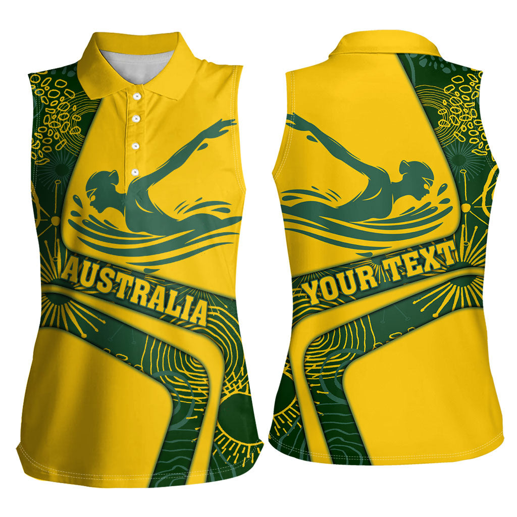 Personalized Australia Swimming Athlete Women Sleeveless Polo Shirt Bold Swimmer Silhouette With Indigenous Pattern Accents